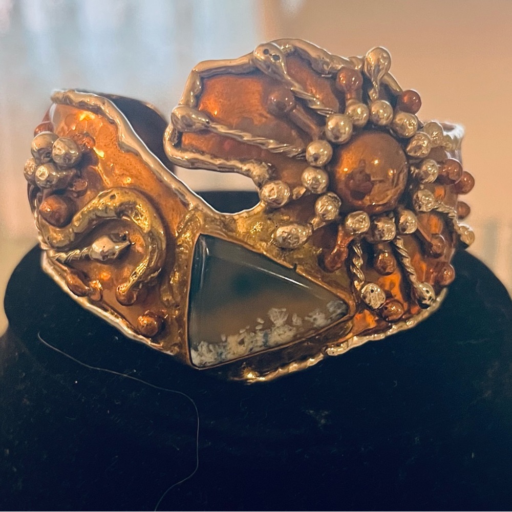 Bohemian artisan copper, gold, silver cuff w/blue Shattuckite. Beautiful.